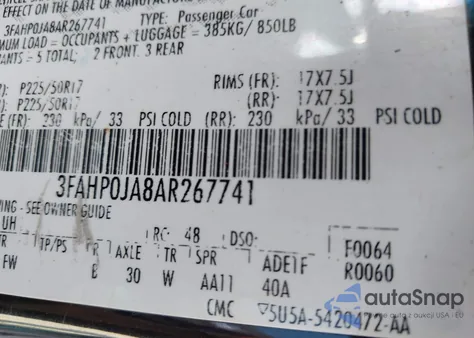 2010 Ford Fusion Sel из США, поврежденный, VIN 3FAHP0JA8AR267741